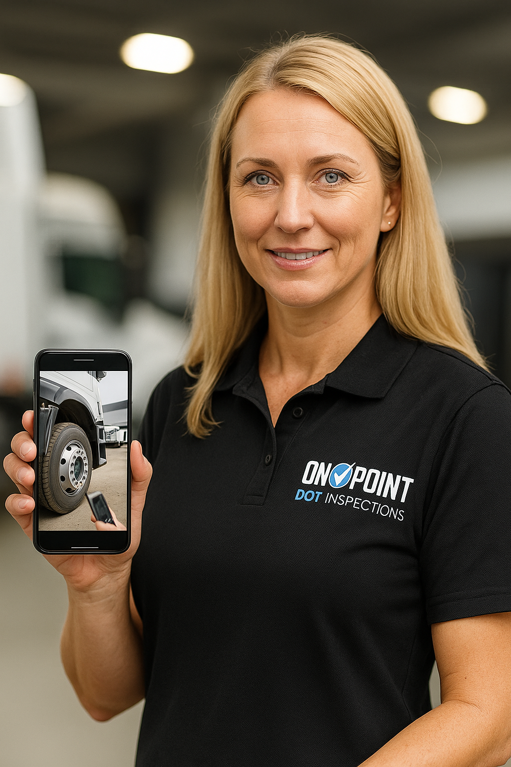 OnPoint DOT Inspections team member showing a truck wheel inspection on a phone