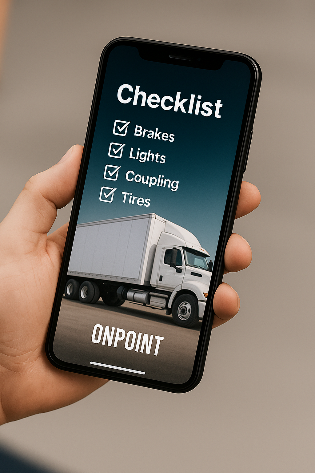 OnPoint inspection checklist on a phone showing brakes, lights, coupling and tires